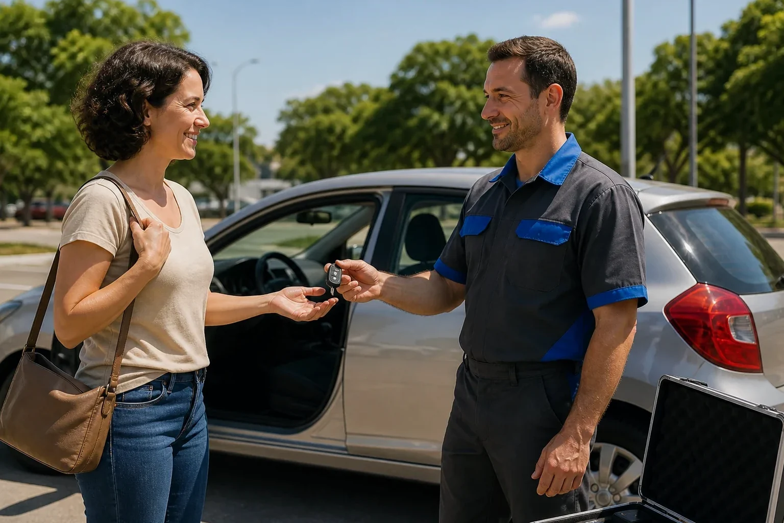 Chaveiro abrindo um carro em Várzea Grande com ferramentas adequadas.