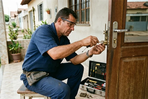 Chaveiro realizando a troca de fechadura em uma porta residencial em Várzea Grande.